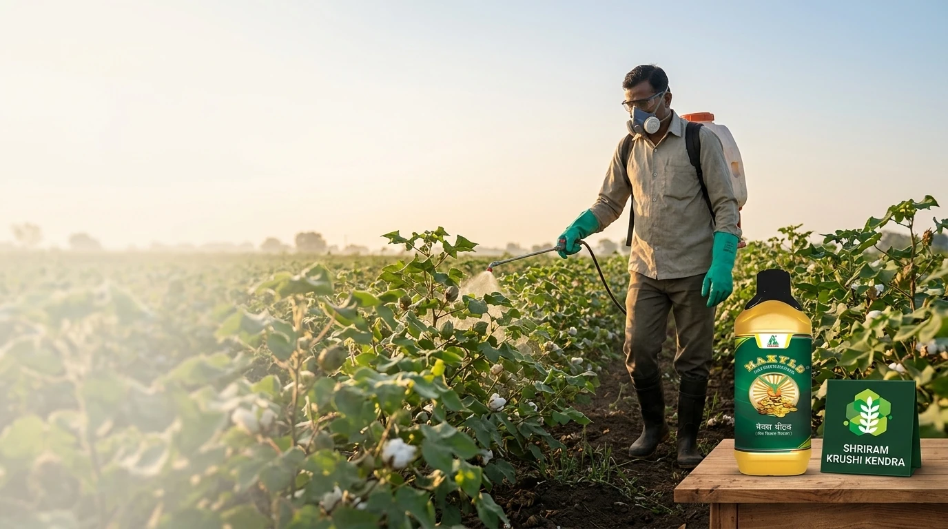 Illustrative cotton-field campaign featuring Maxyld and a farmer wearing protective equipment