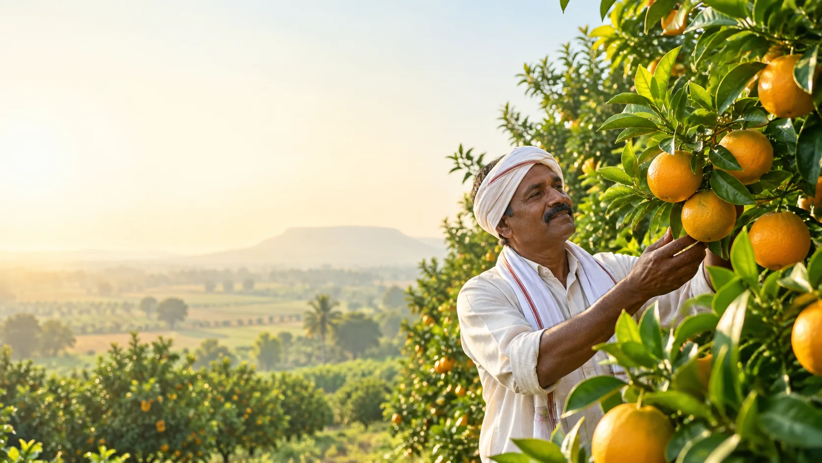 Illustrative farmer tending an orange orchard