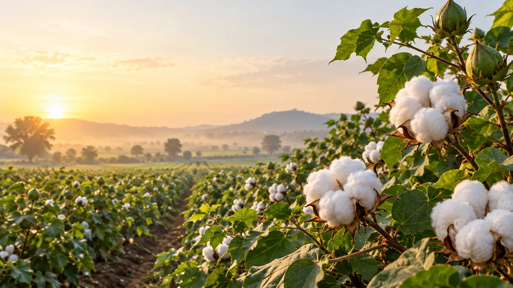 Illustrative cotton field with white cotton bolls