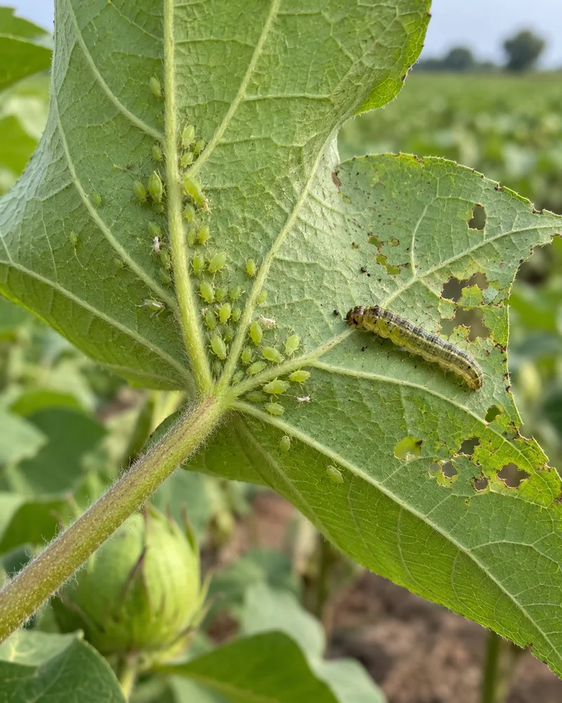 Illustrative cotton leaf showing aphids and caterpillar feeding damage