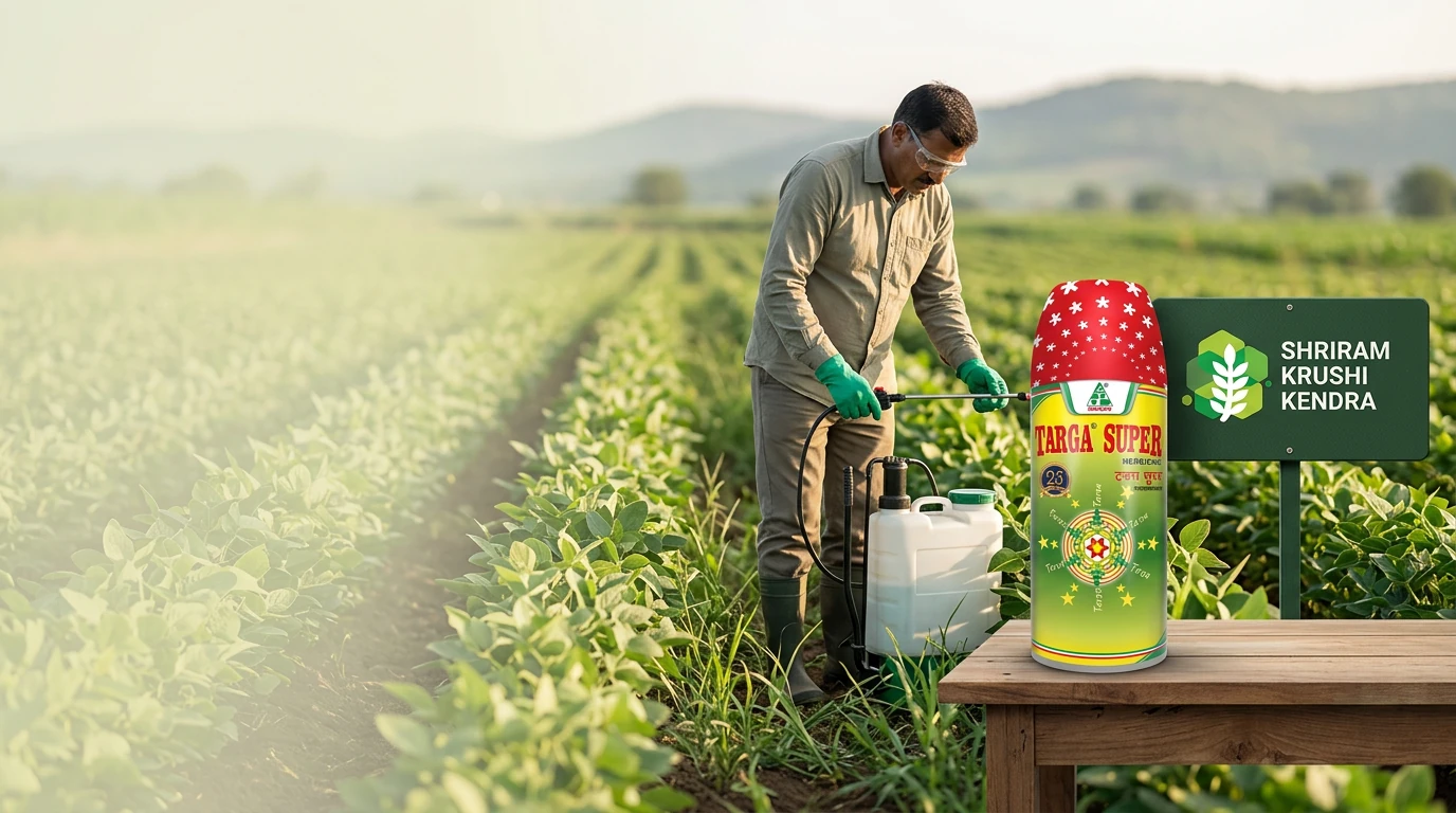 Illustrative soybean-field campaign featuring Targa Super and a farmer checking equipment