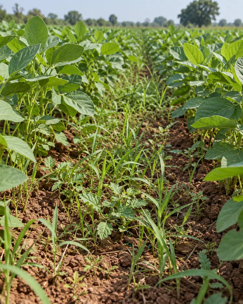 Illustrative weeds competing between soybean crop rows