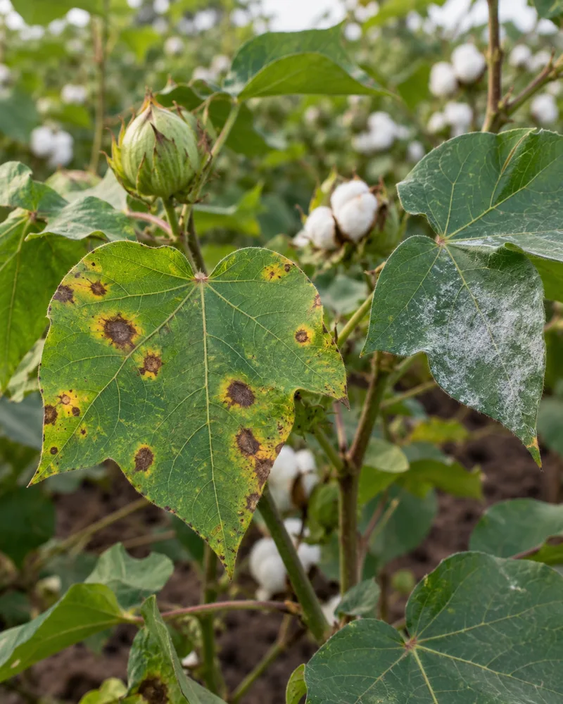 Illustrative crop leaves showing spots and powdery disease symptoms