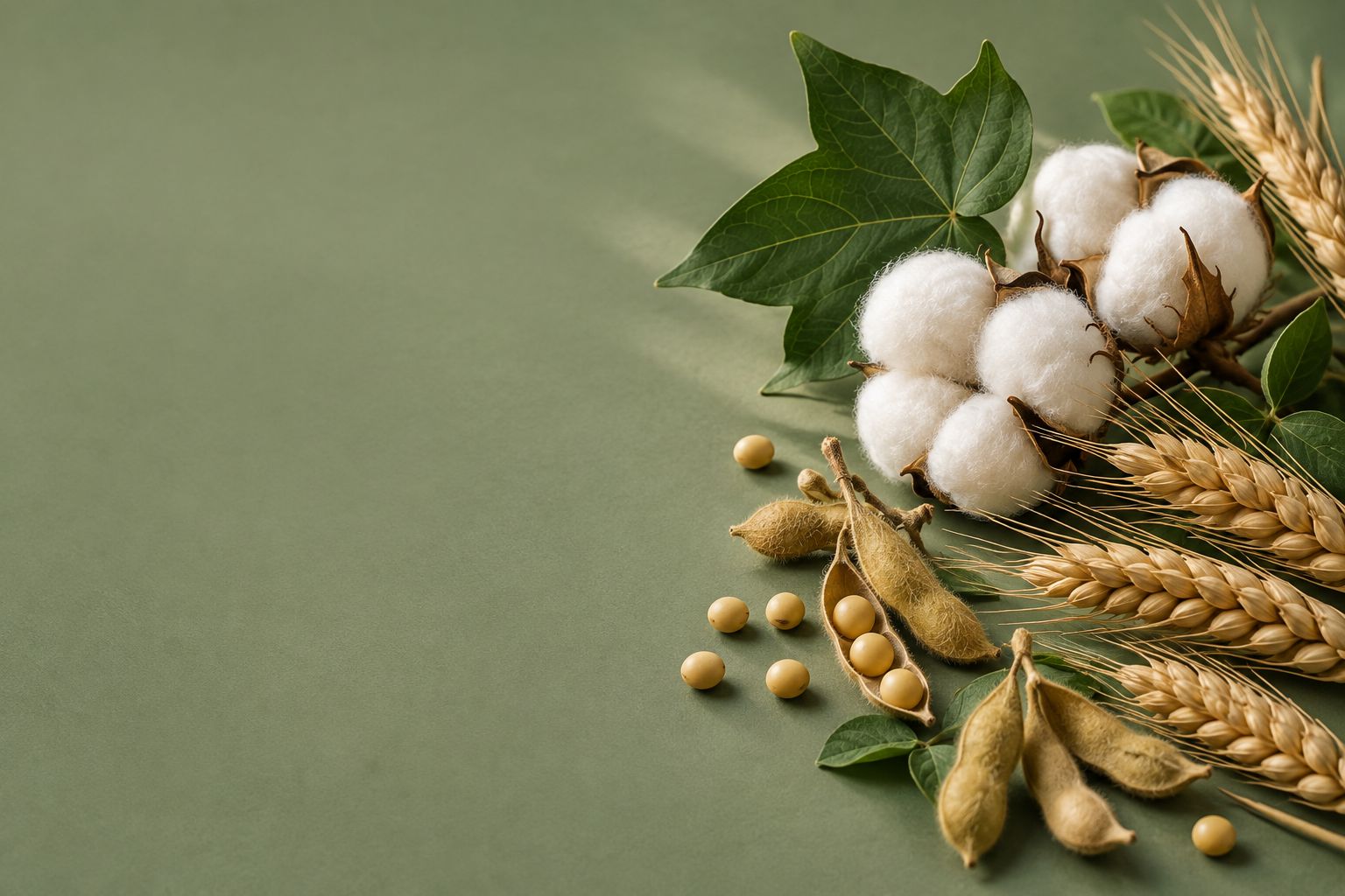 Illustrative cotton, wheat and soybean botanical arrangement