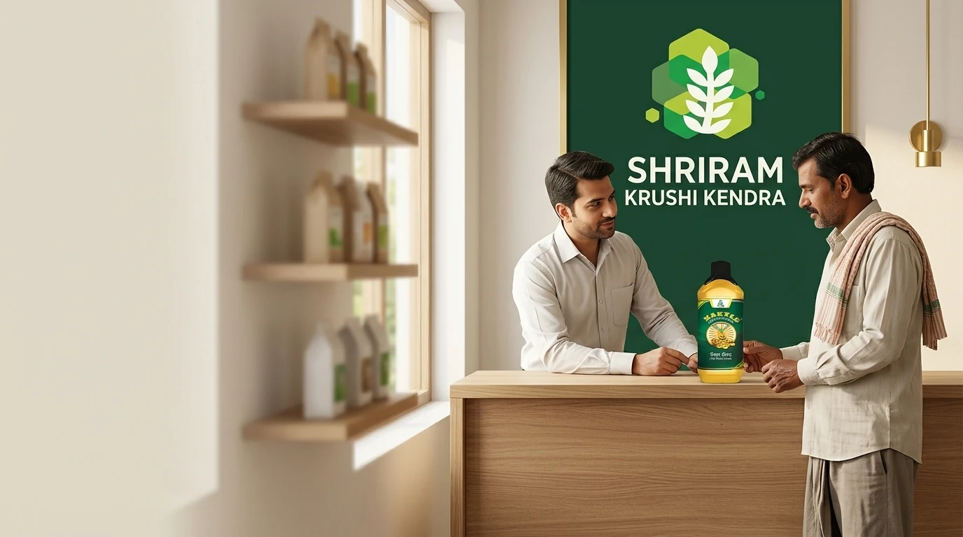 Illustrative farmer and store adviser discussing a sealed product at a branded counter