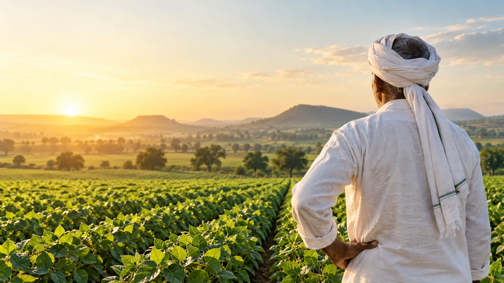 Illustrative farmer looking over Vidarbha farmland at sunrise