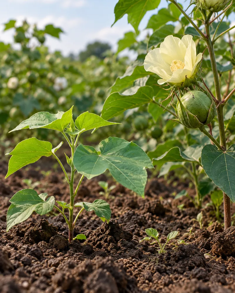 Illustrative young cotton plant, flower and developing boll
