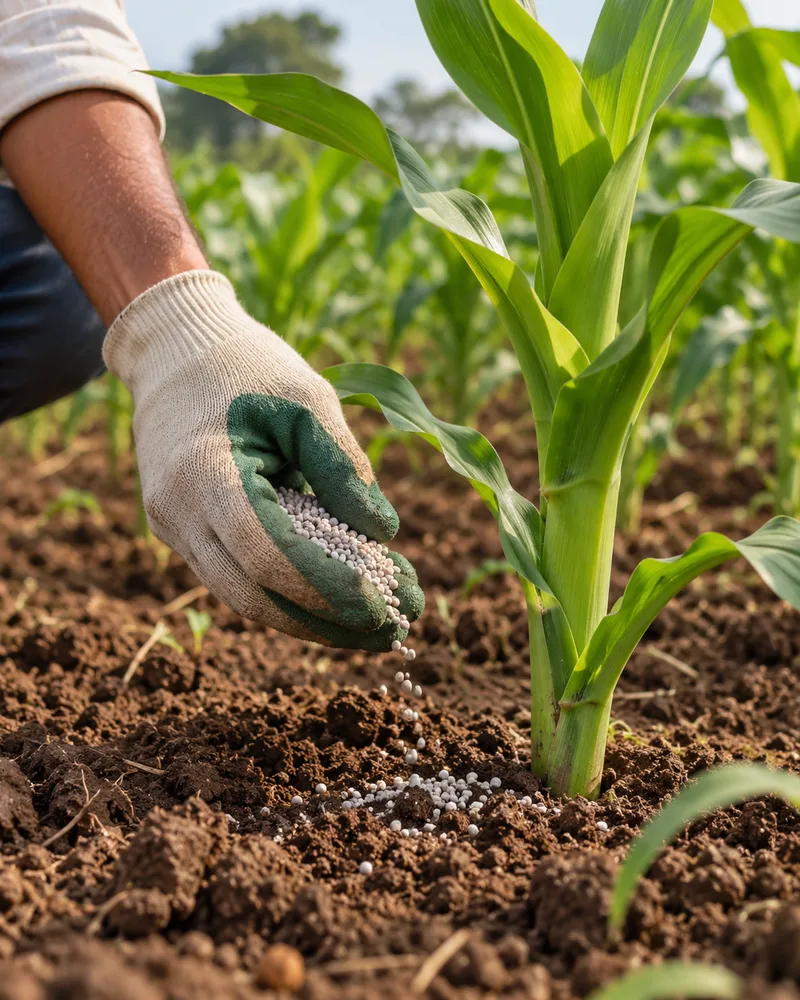Illustrative careful fertiliser application to soil beside a maize plant